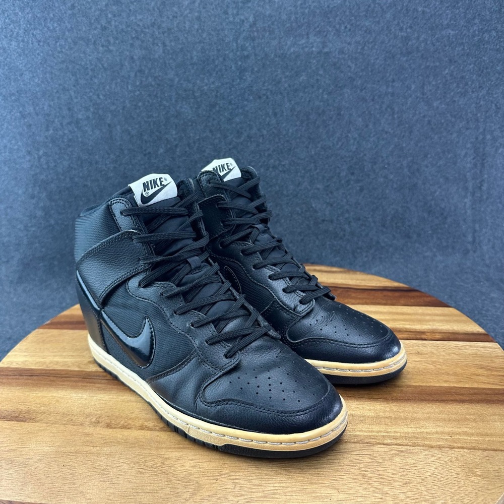 Nike Dunk Sky Hi Shoes Womens 8.5 Essential Triple Black Leather Wedge High Top - Picture 2 of 10